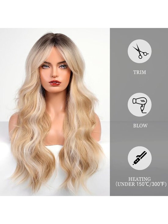 Women\'s Blonde Heat Resistant Long Curly Wavy Synthetic Wig with Bangs Size 26In main image 6